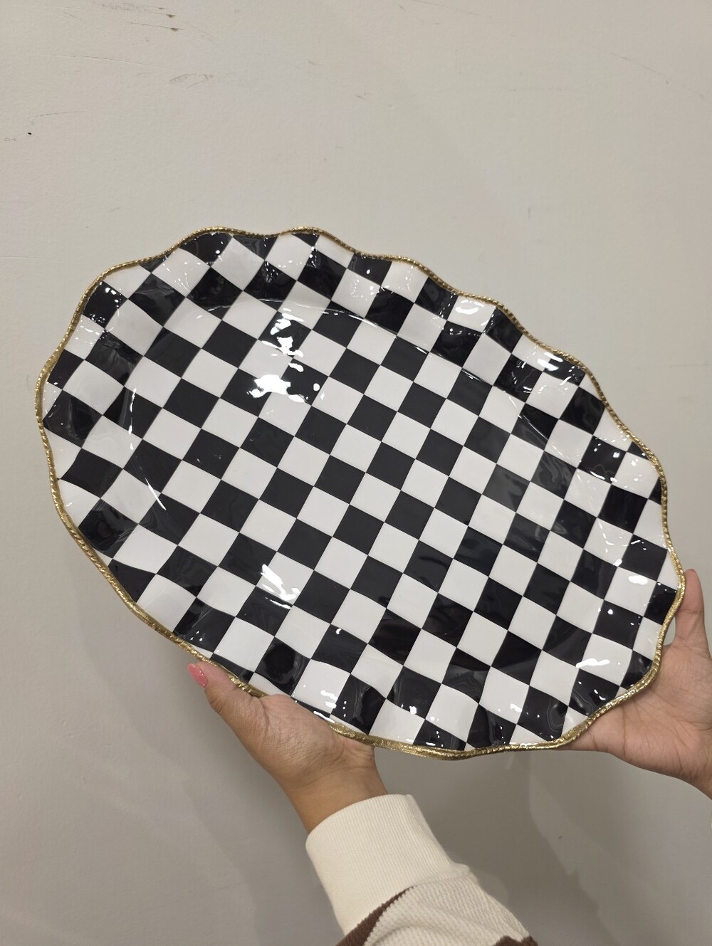 Checkerboard Black and White Decorative Serving Platter with Gold Trim